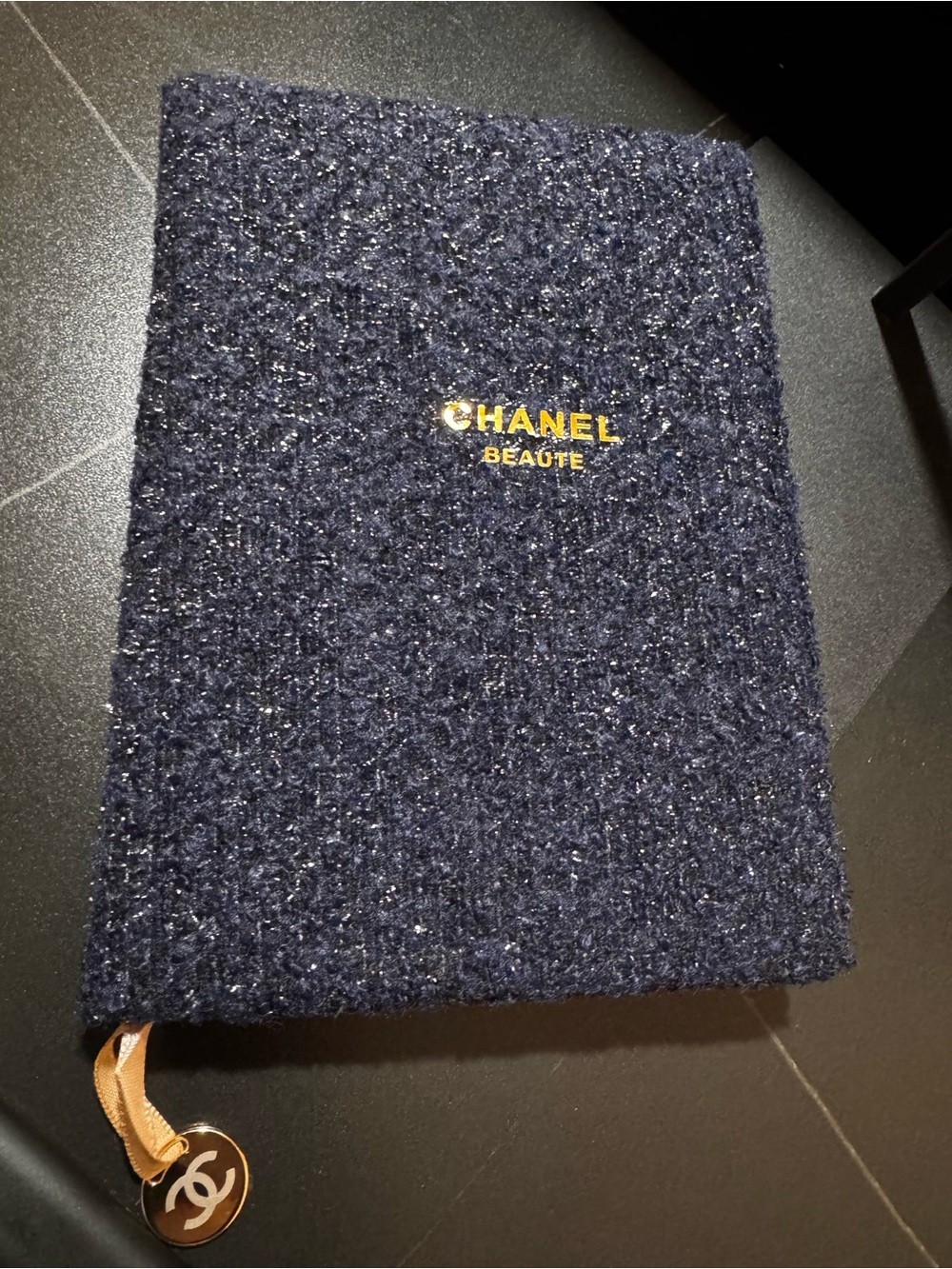 CHANEL Navy Bouclé Notebook with Gold Logo and CC Charm GWP